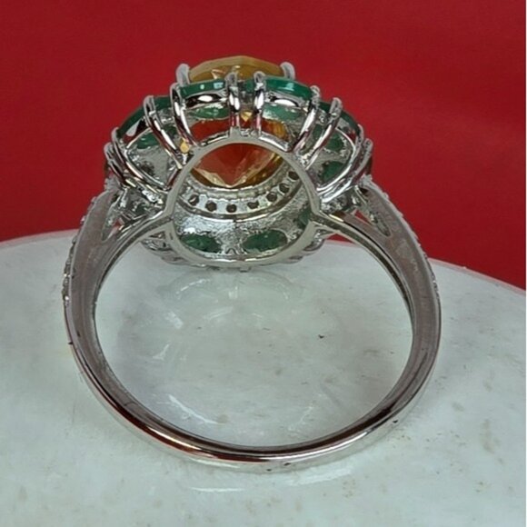 925 Sterling Silver Ring with Natural Citrine 8x10mm & Emerald Gems - Picture 3 of 7